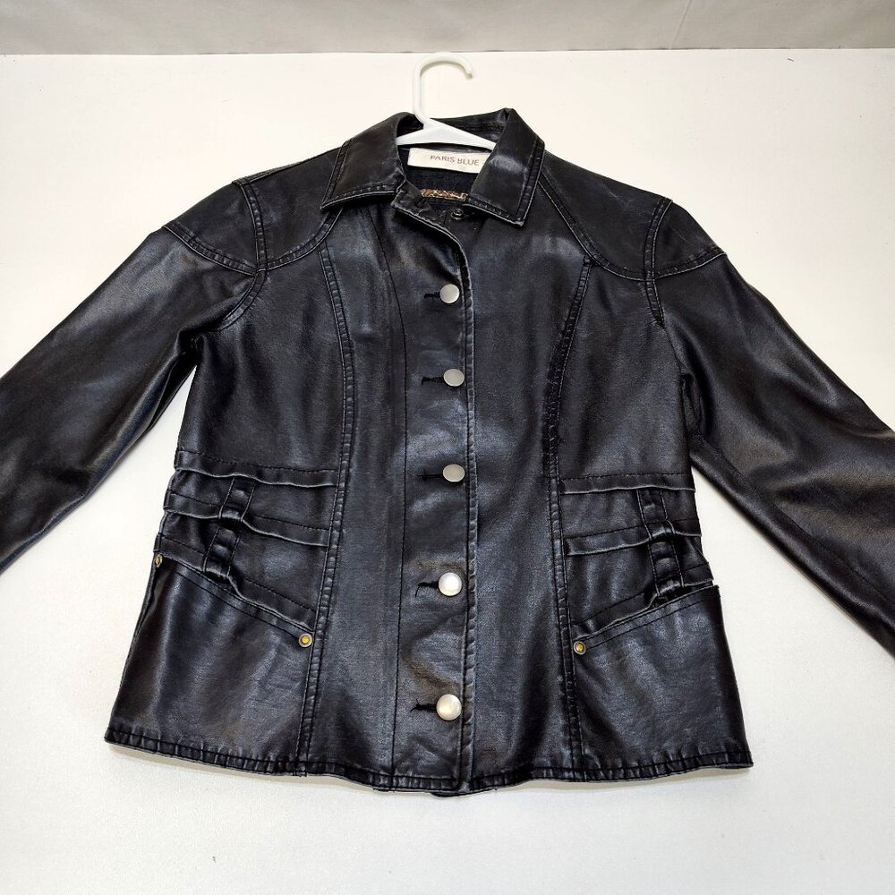 Paris Blue Faux Leather Jacket Small (3-5) Snap Buttons Leopard Trim Detail VGC